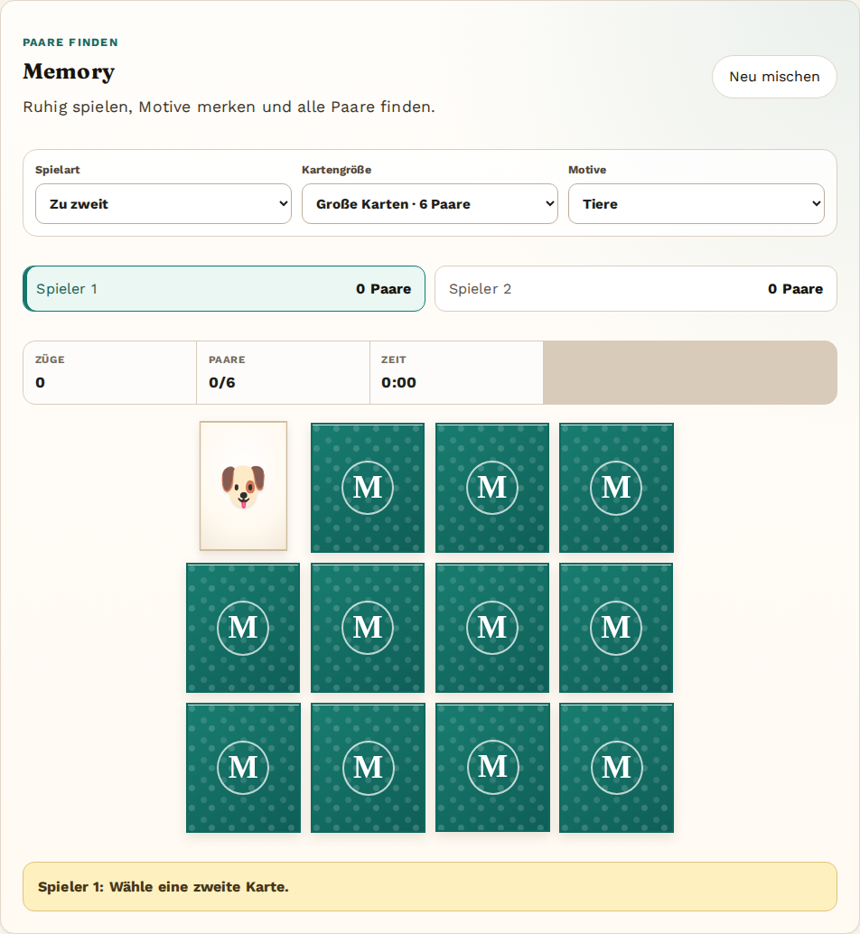 Memory mit großen Tiermotiven, zwölf Karten für sechs Paare und dem Modus für zwei Personen